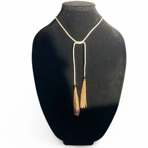 White Rope Gold-Tone Lariat Necklace Gold Tassel Chain Ends & Adjustable Closure